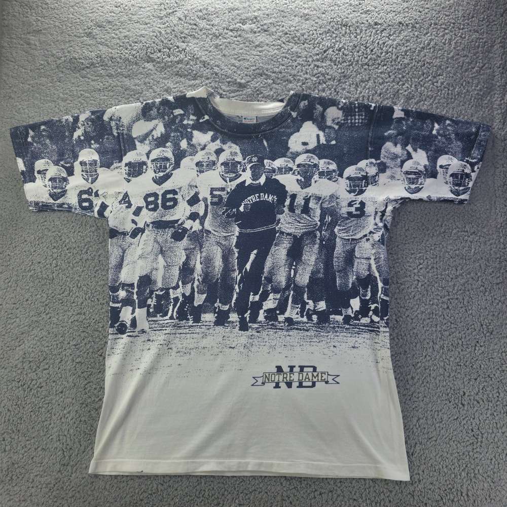 Vintage Champion Notre Dame Lou Holtz All Over Print Shirt XL Made in USA Cotton